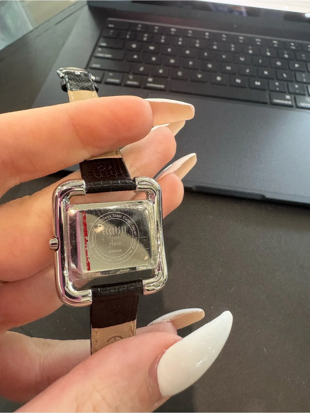 Vintage Ecclissi Silver Square Watch with Red Dial & Black Leather Band